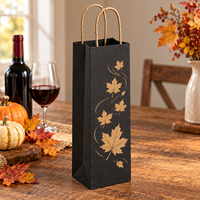 Sac cadeau pour vin en papier kraft avec poignées torsadées, imprimé feuille d'érable sur le devant, pour une bouteille - Noir