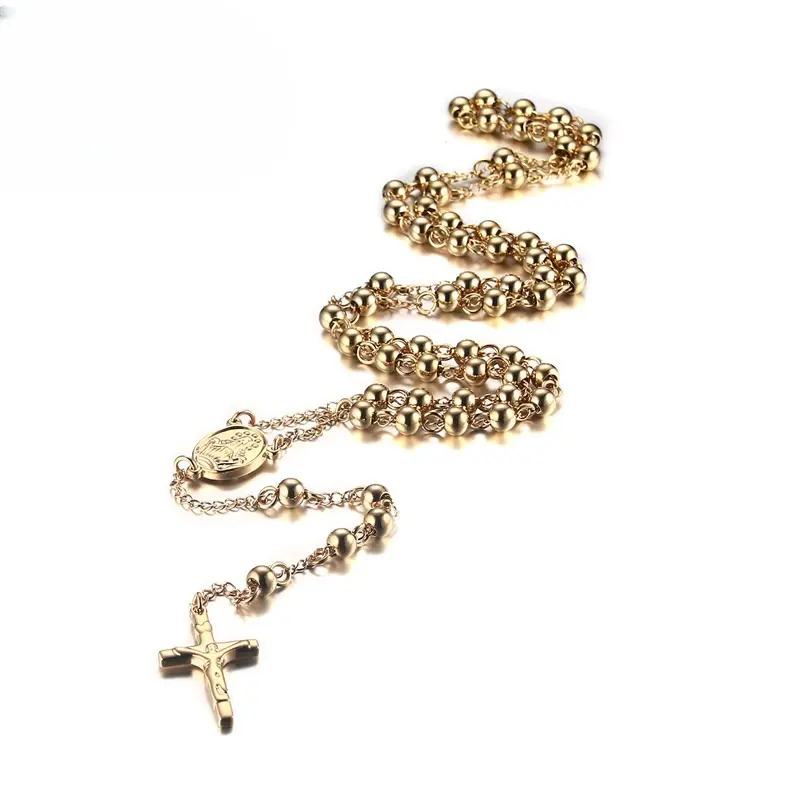 Hotsale kalung rosario besi tahan karat religius 6mm desain rantai manik-manik perhiasan bagus untuk iman uniseks