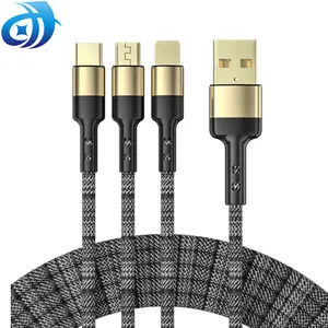 Gold Plated 3 in 1 charging cable Multi-function Aluminum Alloy 5a fast charging cable Nylon braided 2M 3 in 1 usb data cable