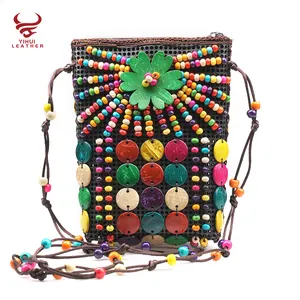 Custom boho handmade mobile phone shoulder bag crossbody for girls eco-friendly colorful beach coconut women's hand ba