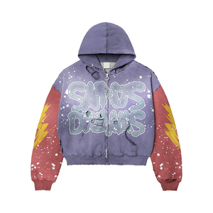 Huili axit cổ điển rửa diatressed khối màu dày bông Hoodies người đàn ông tùy chỉnh logo in quá khổ phù hợp với Rhinestone Hoodie - Product Image 2