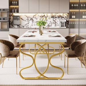 Table à manger en pierre frittée FYZK, mobilier contractuel, 6 places, plateau en marbre, base dorée, fournisseur en gros pour l'hôtellerie, les villas <span class=keywords><strong>et</strong></span> les restaurants - Product Image 4