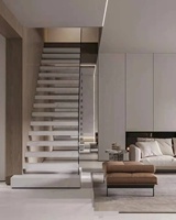 Escalier flottant contemporain avec marches en bois, poutre invisible, escalier droit, utilisation domestique moderne, escalier flottant intérieur