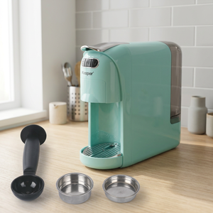 Macchina da Caffè Elettrica 3-in-1 Caffea Kooper per Capsule, Cialde e Caffè Macinato, per Hotel, Alimentazione USB, Plastica Azzurra - Product Image 3