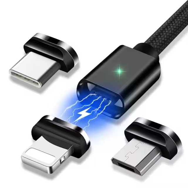 3 in 1 Fast Charging Nylon Braided Cord USB Power Data Cable With Magnetic Changeable Connector for Electronics Phone Laptop