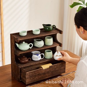 Support pour tasses à thé en bois massif de style chinois, étagère de présentation sur table, 42x15x38 Cm, pour rangement dans le salon - Product Image 6