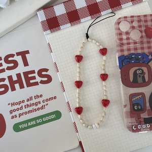Porte-clés de téléphone <span class=keywords><strong>portable</strong></span> en perles de coeur rouge pour filles de luxe lanière de sangle de caméra en résine plastique courte avec <span class=keywords><strong>cordon</strong></span> en perles acryliques - Product Image 3