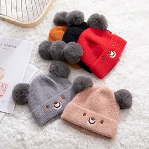 Benutzer definierte einzigartige lustige schöne zwei doppelte Pom Pom Pompom warme Winter Unisex Kind Kinder Baby Strickmuster Mütze Hüte