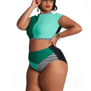 流行女性大码泳衣多色拼接设计高腰沙滩装泳衣