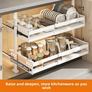 Étagère <span class=keywords><strong>de</strong></span> rangement <span class=keywords><strong>de</strong></span> cuisine en métal sur pied, sans perçage, sous-<span class=keywords><strong>meuble</strong></span>, double niveau, extensible, <span class=keywords><strong>avec</strong></span> <span class=keywords><strong>panier</strong></span> coulissant intégré - Product Image 3