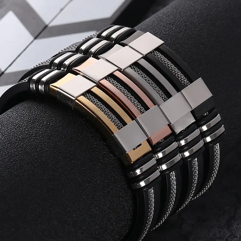 Mode Charme Sieraden Rvs Siliconen Armband Vintage Titanium Stalen Armbanden Bangles Manchet Rubber Armband Heren