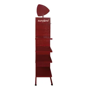 Red powder coated store mini rack display cheap price good quality displaying pegboard stand with panel and hooks