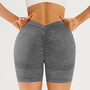 Pantalones cortos de yoga para mujer con control de barriga y levantamiento de cadera de cintura alta para <span class=keywords><strong>Amazon</strong></span> Cross-Border Seamless Sand Wash Fitness Shorts Leggings con cintura en V - Product Image 4