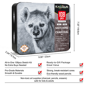KALOUR Ensemble de crayons de dessin et d'esquisse professionnel de 108 pièces dans une boîte en étain, comprenant des accessoires de dessin, des crayons de fusain et des crayons pastel - Product Image 2