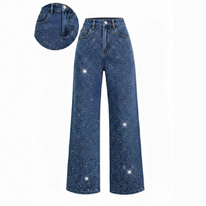 Hot Selling <b>Stretch</b> Washed <b>Denim</b> Straight Pants For Women Classic Casual Design With Beautiful Bead Ornament Details - Product Image 1