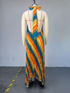 Vestido Maxi Plisado con Cuello Halter y Estampado Tie-Dye para Mujer - Vestido Formal con Espalda Descubierta y Corte Asimétrico - Product Image 6