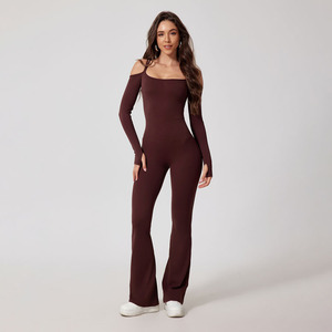 Tuta da <span class=keywords><strong>donna</strong></span> nuova senza schienale con spalle scoperte Sexy costume intero a maniche lunghe pantaloni svasati tuta Yoga - Product Image 5