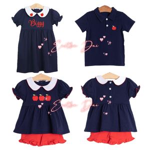 Ensembles assortis pour frères et sœurs monogramme coton pomme applique retour à l'école col claudine vêtements pour bébés tenues pour enfants - Product Image 1