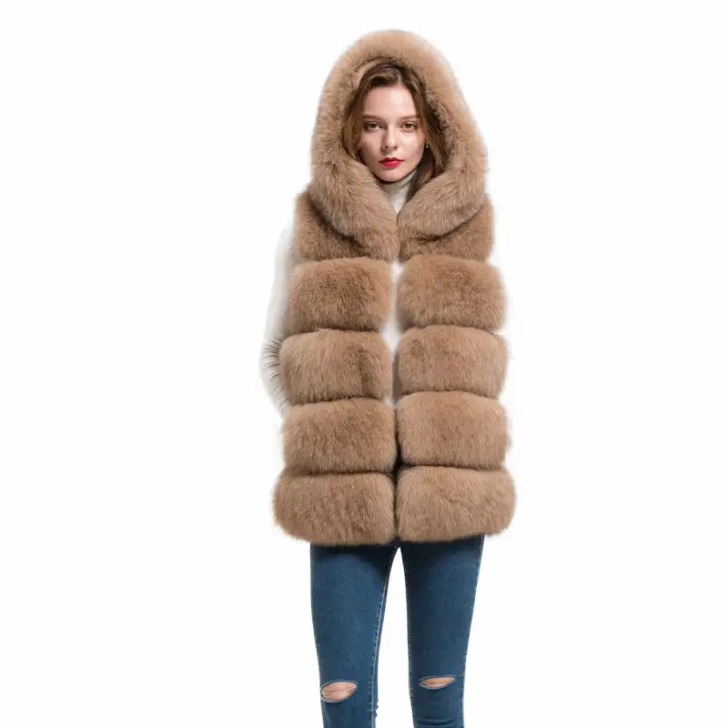 Мягкий и пушистый натуральный Лисий мех жилет для женщин Модный зимний теплый жилет с капюшоном S1715