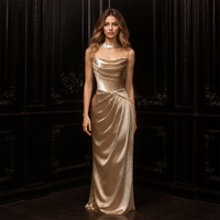 Robe de soirée dorée à sequins, plissée effet froissé, métallisée, col bénitier, bretelles spaghetti, collier ras du cou, pour soirée, fournisseur personnalisé, vente en gros