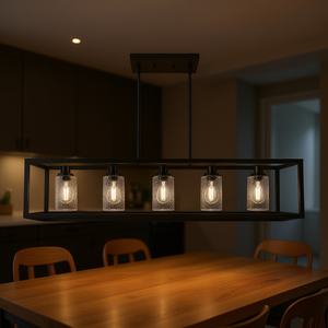 Lámpara Colgante Rectangular Negra Mate de 5 Luces con Pantalla de Vidrio Esmerilado para Comedor, Cocina o Isla - Product Image 2