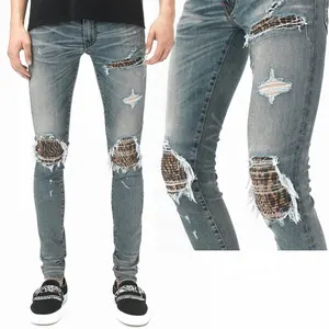 OEM New Designs Wholesale Vintage Grey Biker Skinny Ripped Denim Elastic Jeans Men