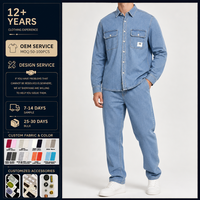 Ensembles pour hommes en stock – Ensemble deux pièces en denim épais 100 % coton avec chemise-veste en jean à manches longues et double poche poitrine