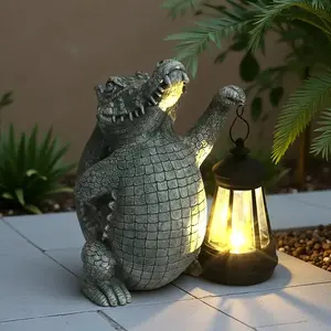 Graue Harz Krokodil Laternen halter Statue mit leuchtendem Licht, realistische Reptilien skulptur für Garten Patio Dekor - Product Image 4