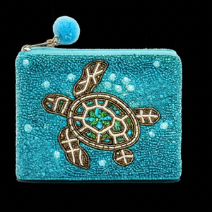 Handmade Embroidered Turtle <b>Coin</b> <b>Purse</b> Mini Zipper Closure Bohemian Style Microfiber Synthetic Leather Unisex Accessory - Product Image 1