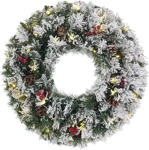 Christmas Wreath 24 Inch, with Timer 30 LED Lights Red Berries Pine Cones Xmas Christmas Door Decorations