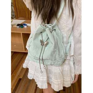Mint Green Bucket Bag For Women Soft Polyester <b>Drawstring</b> <b>Backpack</b> With Pearl Charm Summer 2024 Everyday Use - Product Image 1