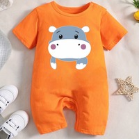 Romper Kasual Ramah Lingkungan Summer Infant 2026 Motif Hippo 100% Katun Lengan Pendek Oranye Unisex Kancing Tekan di Selangkangan