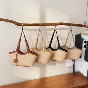 Bohemian Straw <b>Shoulder</b> Bag With Two <b>Straps</b> Open Closure Summer Women's Tote Bag Custom Leather Handle - Product Image 1