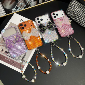 Coque de téléphone de luxe avec breloques nœud papillon en diamant pour iPhone 17 Air 16 Pro Max, chaîne 3D, bracelet Bling, cordon en strass, coque arrière - Product Image 1