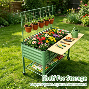 Bac de <span class=keywords><strong>Jardin</strong></span> Surélevé Multifonctionnel avec Treillis, Jardinière Roulante avec Étagère Latérale et Planche de Travail pour le Jardinage - Product Image 4