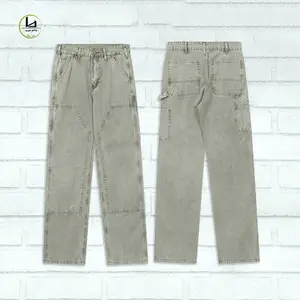 Pantalones de carpintero en blanco de pierna recta para hombre, pantalones vaqueros holgados de lavado vintage con logotipo personalizado, pantalones vaqueros sueltos de doble rodilla de alta calidad