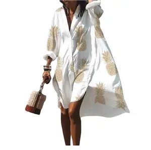 Lose neue Digitaldruck Langarm Revers Shirt Kleid Casual Beach Frauen Sommerkleid
