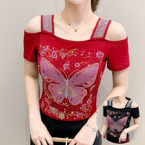 Yuhong Nuevo Diseño Blusa de Mujer con Pedrería de Pájaro, Sexy, con Hombros Descubiertos, Brillante, con Lentejuelas, <span class=keywords><strong>Camiseta</strong></span> de Manga Corta para Discoteca, Fiesta - Product Image 4