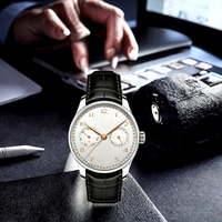 Montre mécanique automatique avec logo personnalisé, affichage de la phase de lune, calendrier, cristal saphir, boîtier rond en acier inoxydable, bracelet en cuir