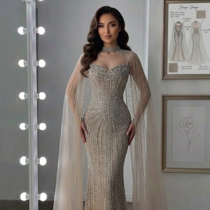 <span class=keywords><strong>Vestido</strong></span> de Noche de <span class=keywords><strong>Dos</strong></span> <span class=keywords><strong>Piezas</strong></span> Serene Hill LA72811C Color Caramelo con Cuentas y Cola de Sirena, Elegante <span class=keywords><strong>Vestido</strong></span> de Fiesta 2026 con Capa de Tul - Product Image 1