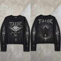 Kaos Lengan Panjang Thermal Waffle 280GSM Bersertifikasi BSCI TaiDe, Motif Tengkorak Api Gothic, Ujung Raw Hem, Produsen Grosir Pria
