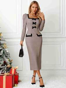 Tendance Designer Dames Vêtements O-cou Élégant Formelle Droite Plaid Tweed Robe Femmes Vestidos - Product Image 5