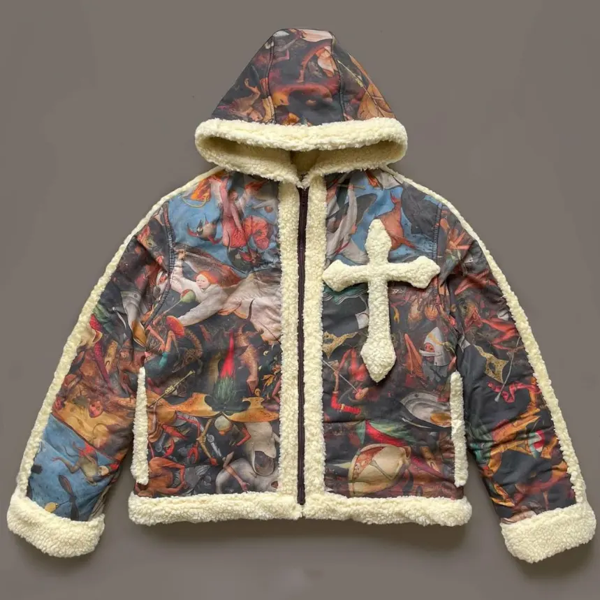 DiZNEW High Quality Custom Men's Jackets Winter Print Hooded Coat Extra Warm Jacket Lined With Lamb Wool Detachable Cross