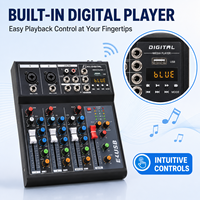 E4USB Mini-mixeur audio 4 canaux, table de mixage compacte professionnelle, lecteur MP3 Bluetooth USB, égaliseur 3 bandes pour diffusion en direct, studio à domicile