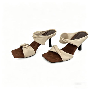 Sandalias de tacón alto de satén con una sola tira para mujer, estilo mule, punta cuadrada, tacón de aguja, para verano, fiesta, uso diario, calzado a juego con vestidos - Product Image 1