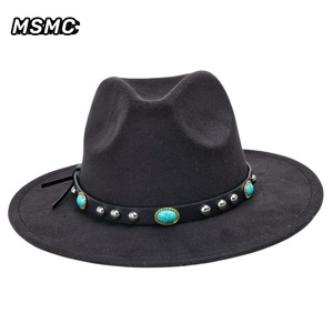 MSMC Cowboy <b>Hat</b> 100% <b>Wool</b> Black With Turquoise Stones And Metal Studs Ethnic Style For <b>Men</b> Casual Wear - Product Image 1