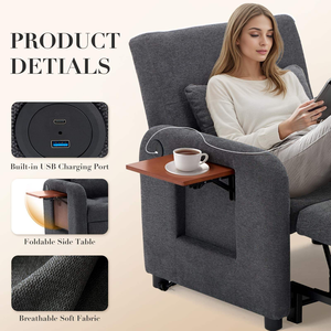 Sofá <span class=keywords><strong>Cama</strong></span> Individual de Tela Tipo Futón, Sofá Pequeño con <span class=keywords><strong>Cama</strong></span> Extraíble, Puerto USB, Mesa Plegable y Respaldo Ajustable para Dormitorio - Product Image 3