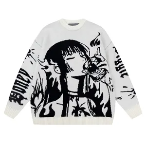 Winter Retro Anime benutzer definierte LOGO Jacquard Muster Paar lang ärmel igen Strick pullover plus Größe Herren pullover