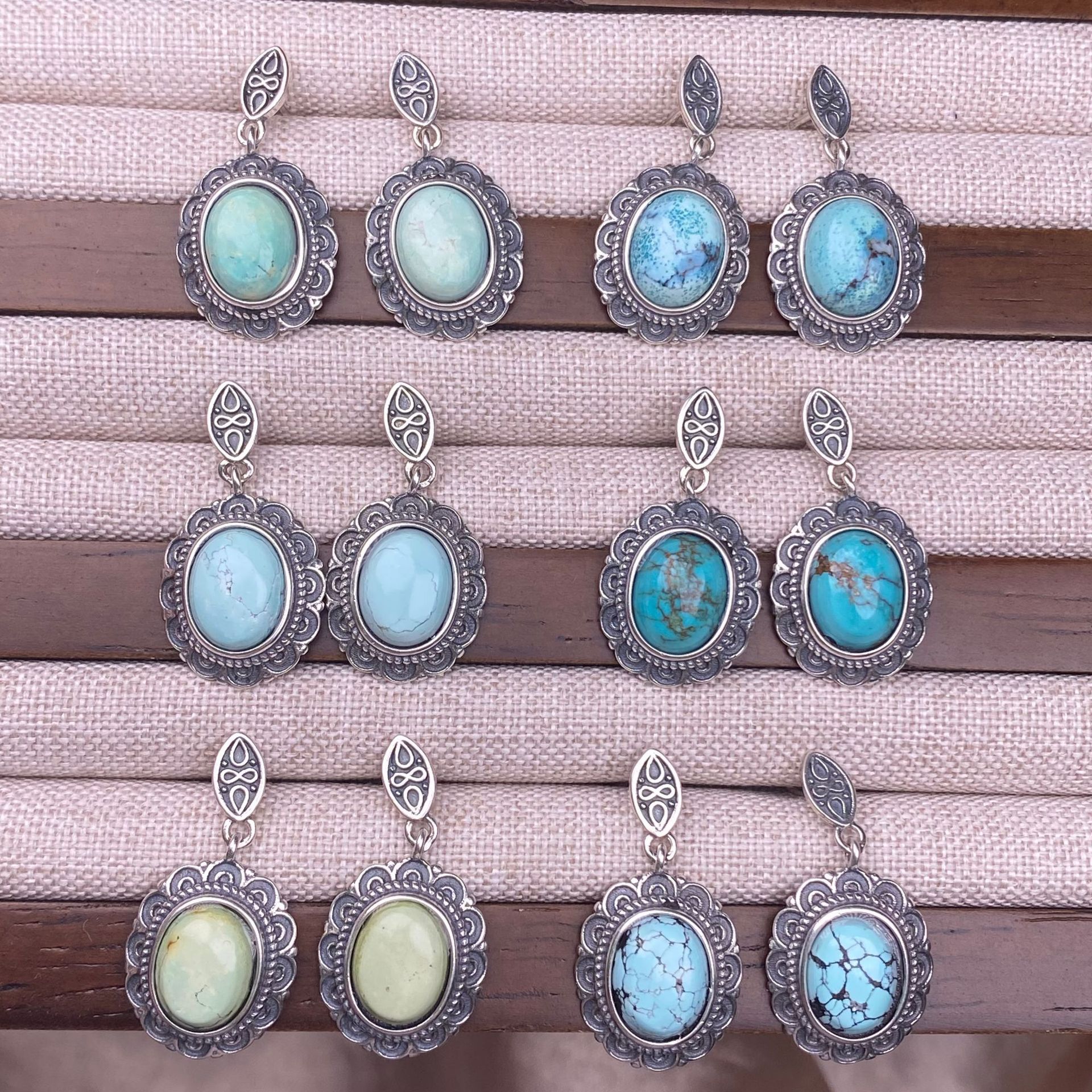 100% Natural Turquoise Oval Gemstone S925 Sterling Silver Inlay Earring Fashion Jewelry Gift for Women