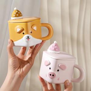 Tasse en céramique pour animaux de compagnie mignon dessin animé créatif tasse à eau domestique avec couvercle - Product Image 2